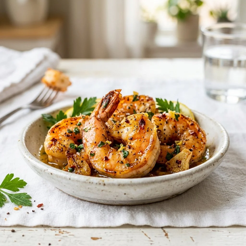 Plate of Garlic Butter Shrimp garnished with herbs and lemon