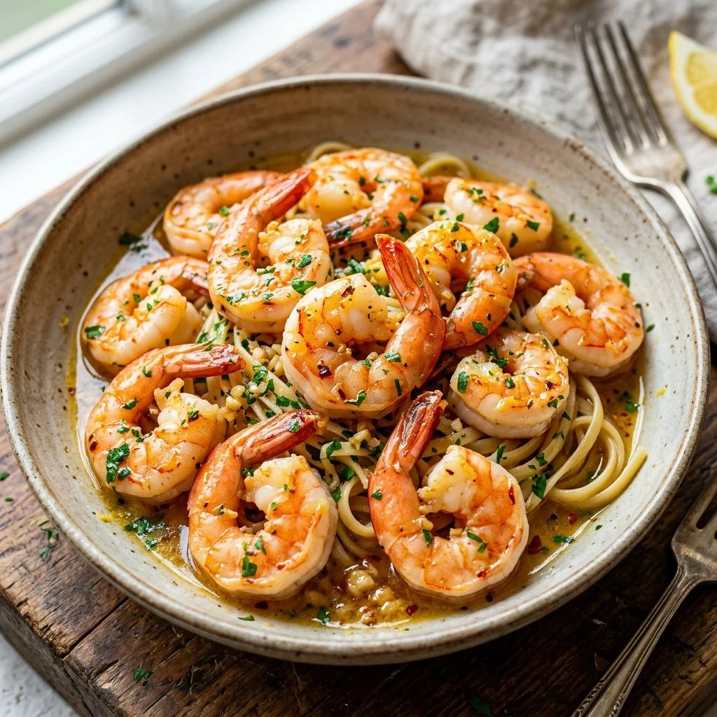 Delicious garlic butter shrimp scampi served with pasta and fresh herbs