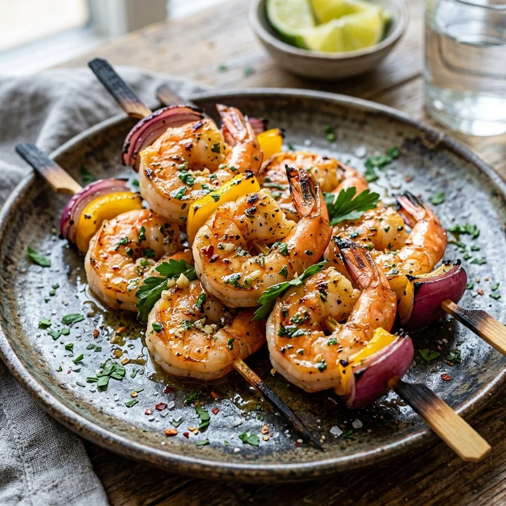 Grilled Garlic Butter Shrimp Skewers served on a platter with lemon slices.