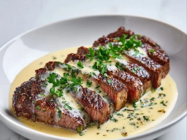 Delicious Garlic Butter Steak served with herbs and vegetables