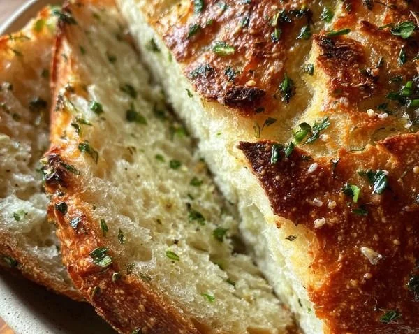 Loaf of Garlic Herb Dutch Oven Bread fresh out of the oven, garnished with herbs.