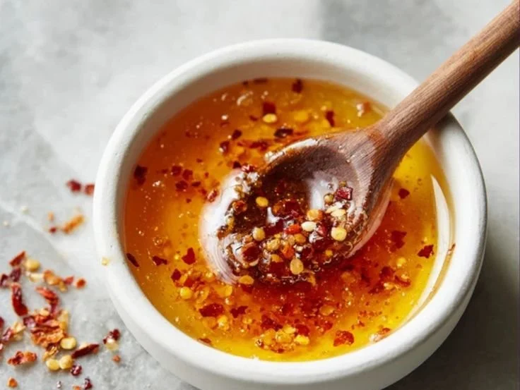 Jar of Garlic-Infused Hot Honey with garlic cloves and chili peppers