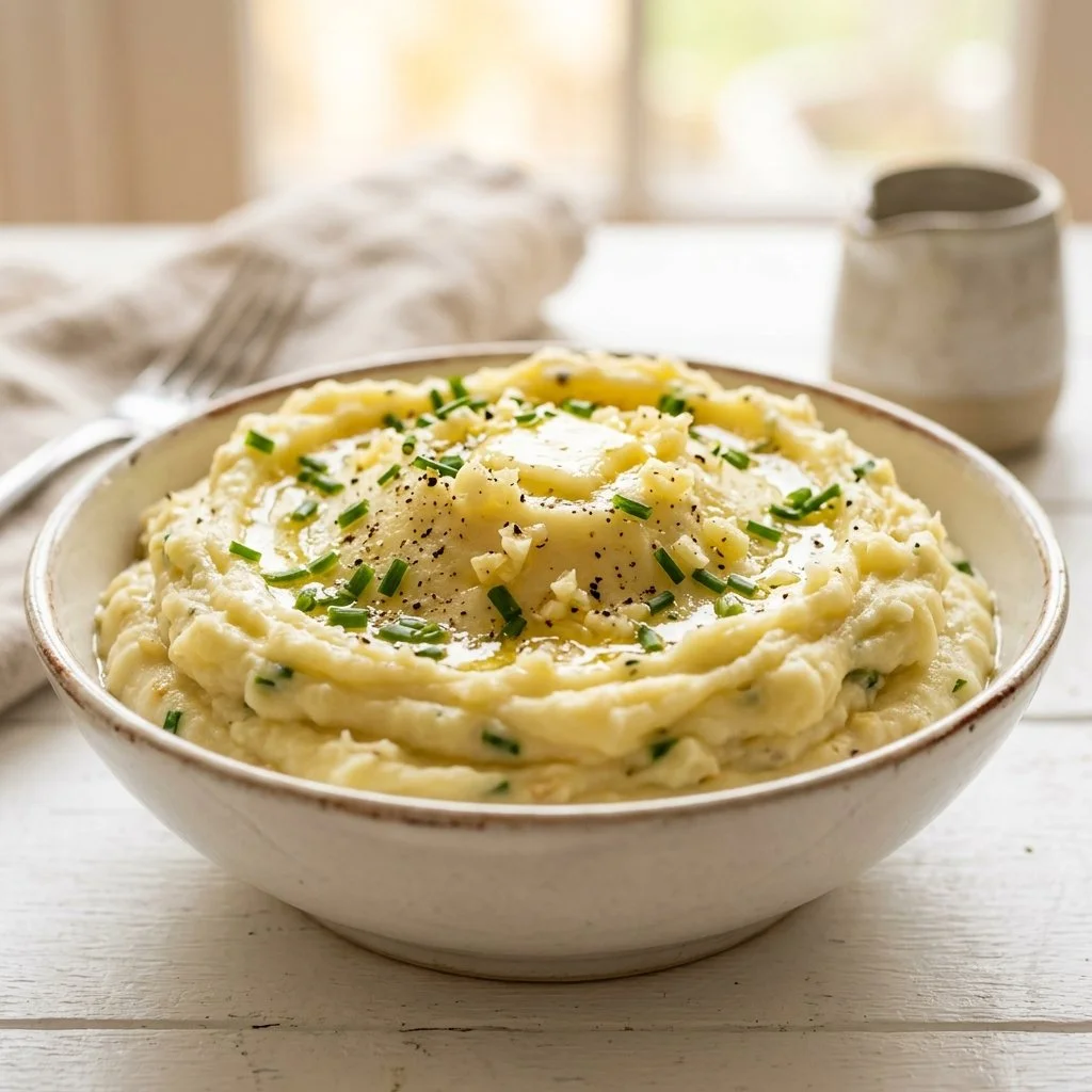 Creamy garlic mashed potatoes served in a bowl with parsley garnish