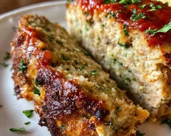 Delicious Garlic Parmesan Chicken Meatloaf served on a plate with herbs.
