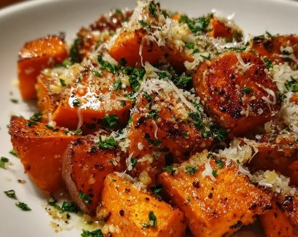 Crispy Garlic Parmesan Roasted Sweet Potatoes garnished with fresh herbs