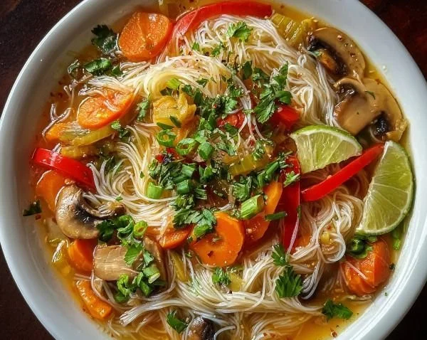 Bowl of ginger garlic broth with rice noodles, herbs, and vegetables for healing.