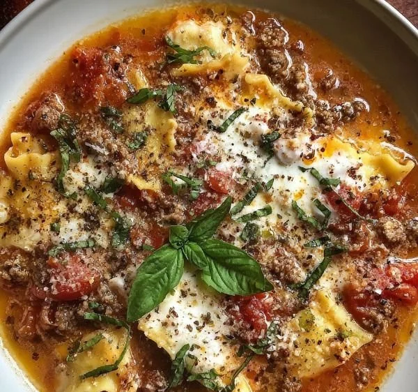 Bowl of gluten-free lasagna soup topped with cheese and basil