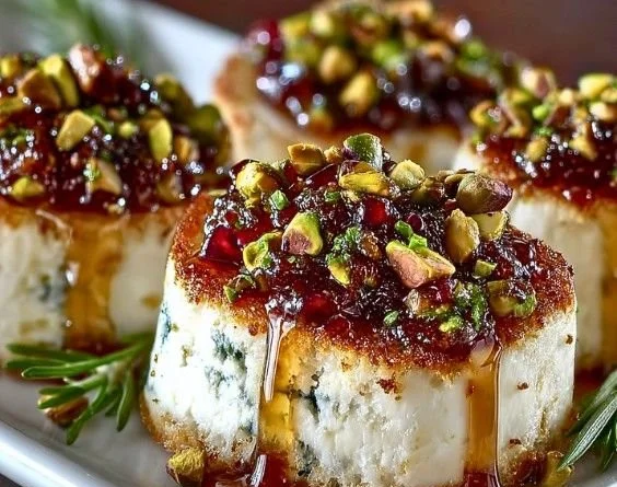 Delicious goat cheese appetizer with honey, figs, and pistachios