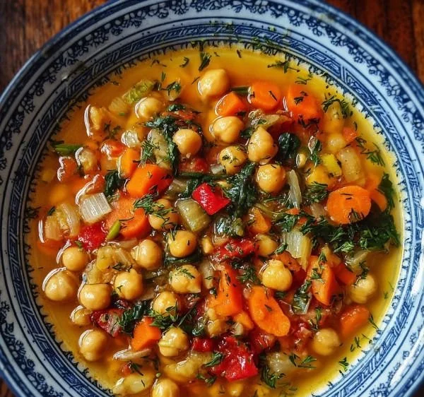 Bowl of Greek chickpea soup with herbs and spices