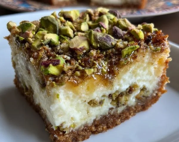 Greek Honey Pistachio Cheesecake Bars with a creamy texture and nut topping