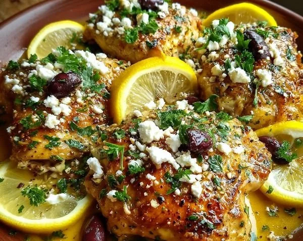 Greek Lemon Chicken with Feta Cheese garnished with herbs and lemon slices.