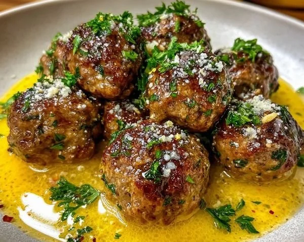 Plate of Greek meatballs with lemon sauce garnished with fresh herbs