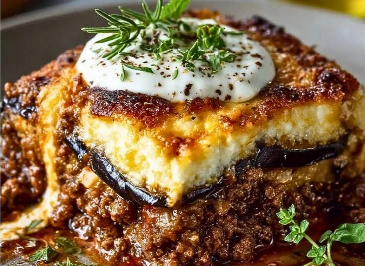 Delicious slice of Greek Moussaka with layers of eggplant, meat, and béchamel sauce