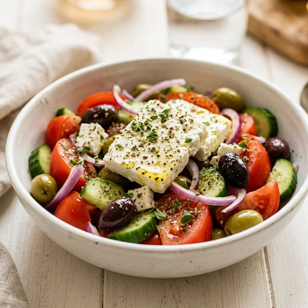 Delicious Greek Salad with fresh vegetables, olives, and feta cheese.
