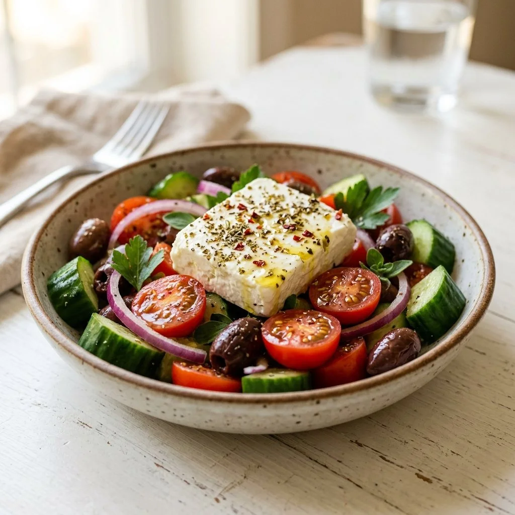 A vibrant Greek Salad featuring fresh vegetables, olives, and feta cheese