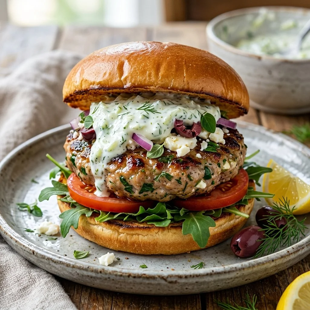 Delicious Greek Turkey Burgers served with fresh toppings