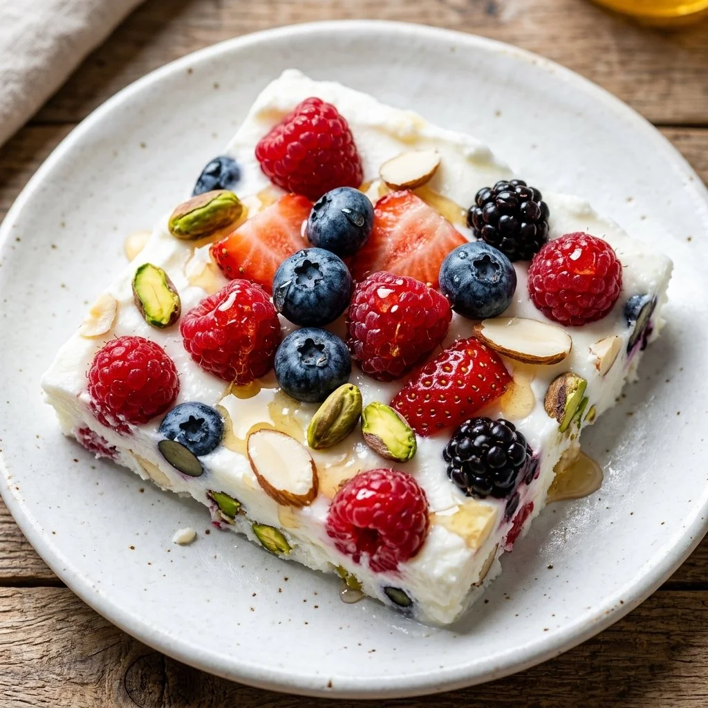 Delicious Greek Yogurt Bark with fruits and nuts on a plate