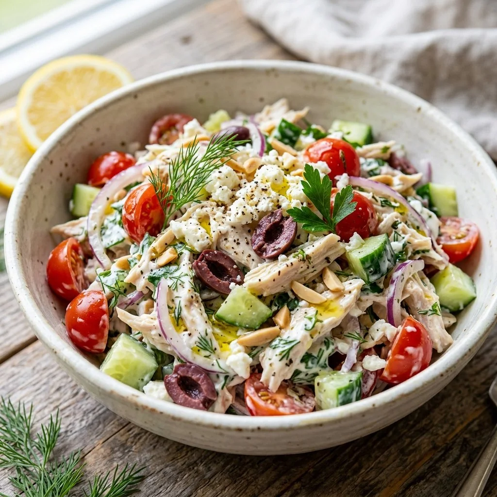 Bowl of Greek Yogurt Chicken Salad with fresh vegetables and herbs.