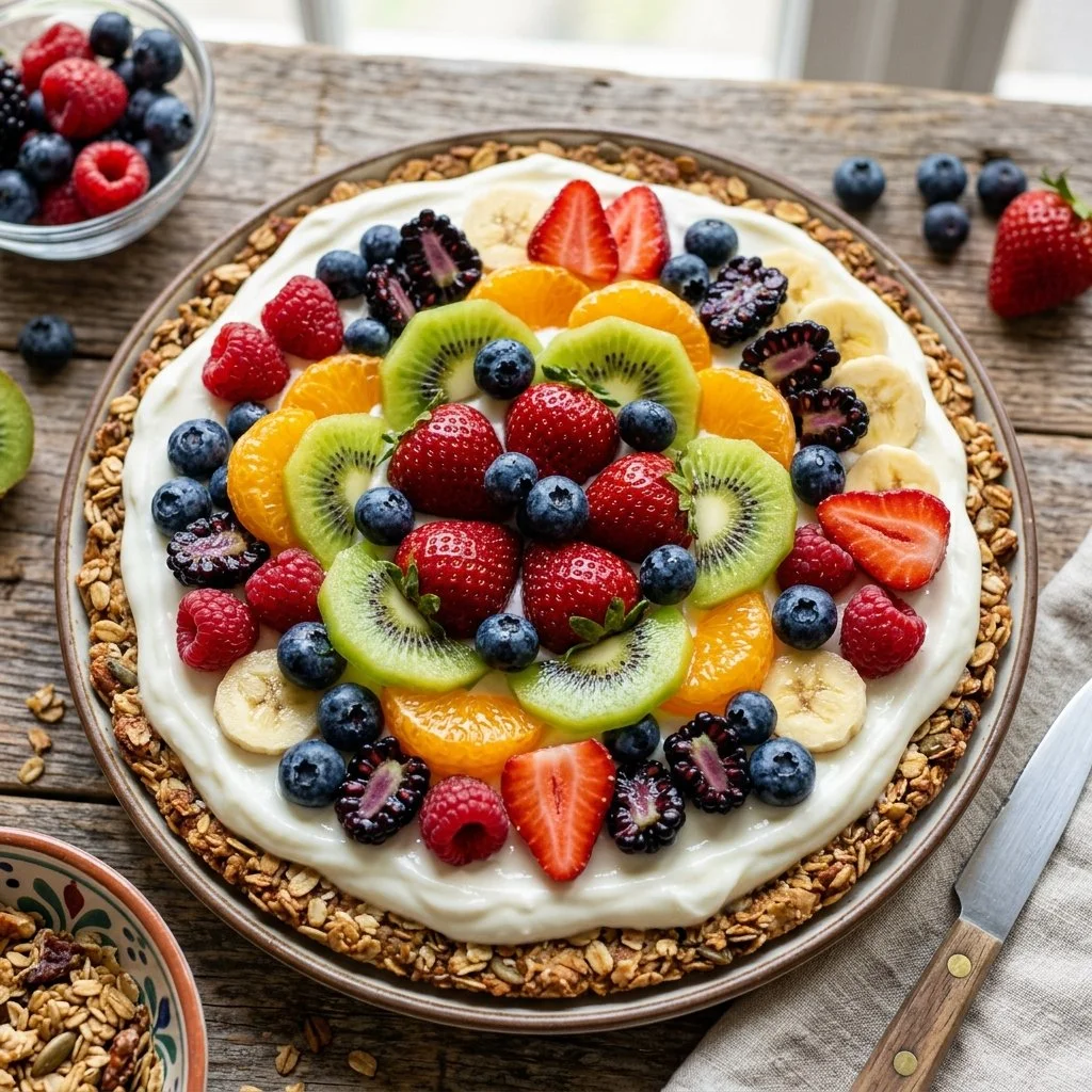 Delicious Greek Yogurt Fruit Pizza topped with fresh fruits and drizzled with honey