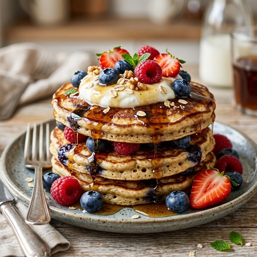 Fluffy Greek yogurt protein pancakes served with fresh berries and honey