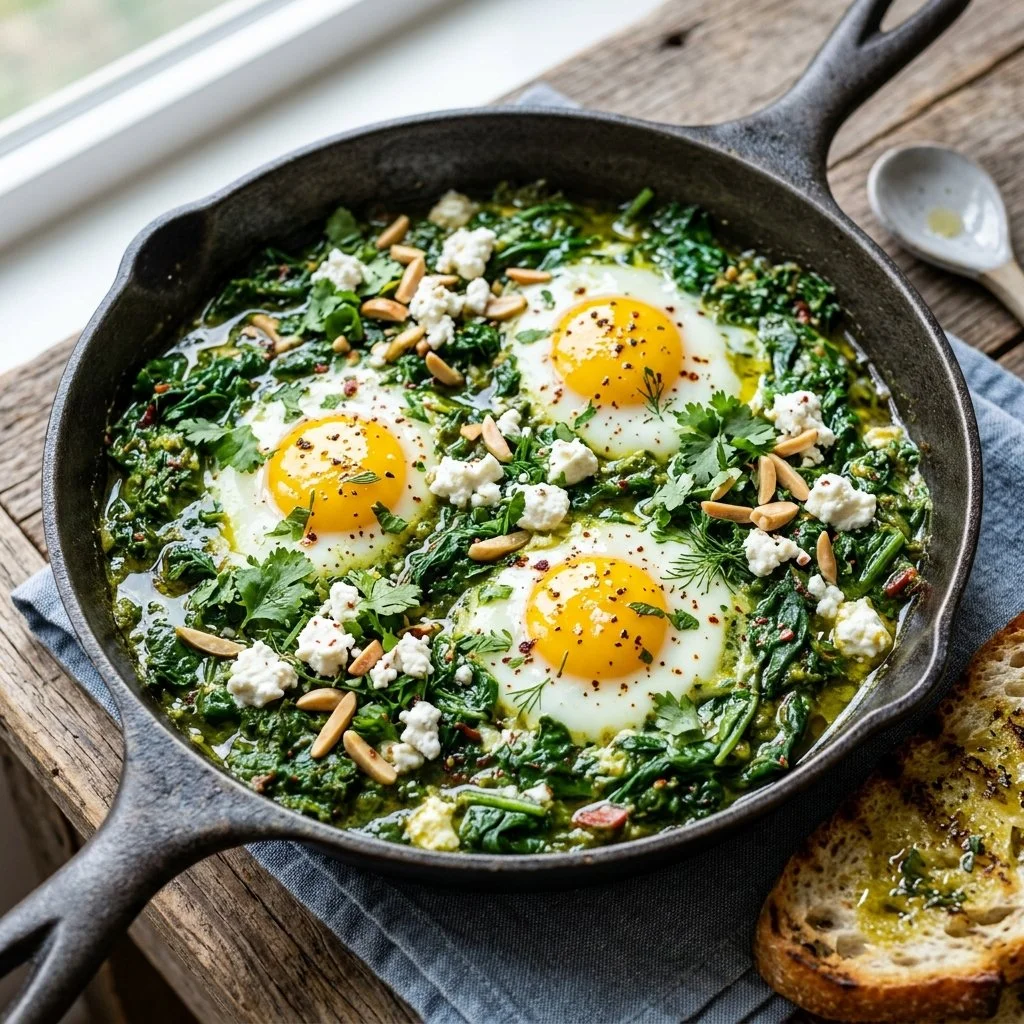 A colorful plate of Green Shakshuka with poached eggs and herbs