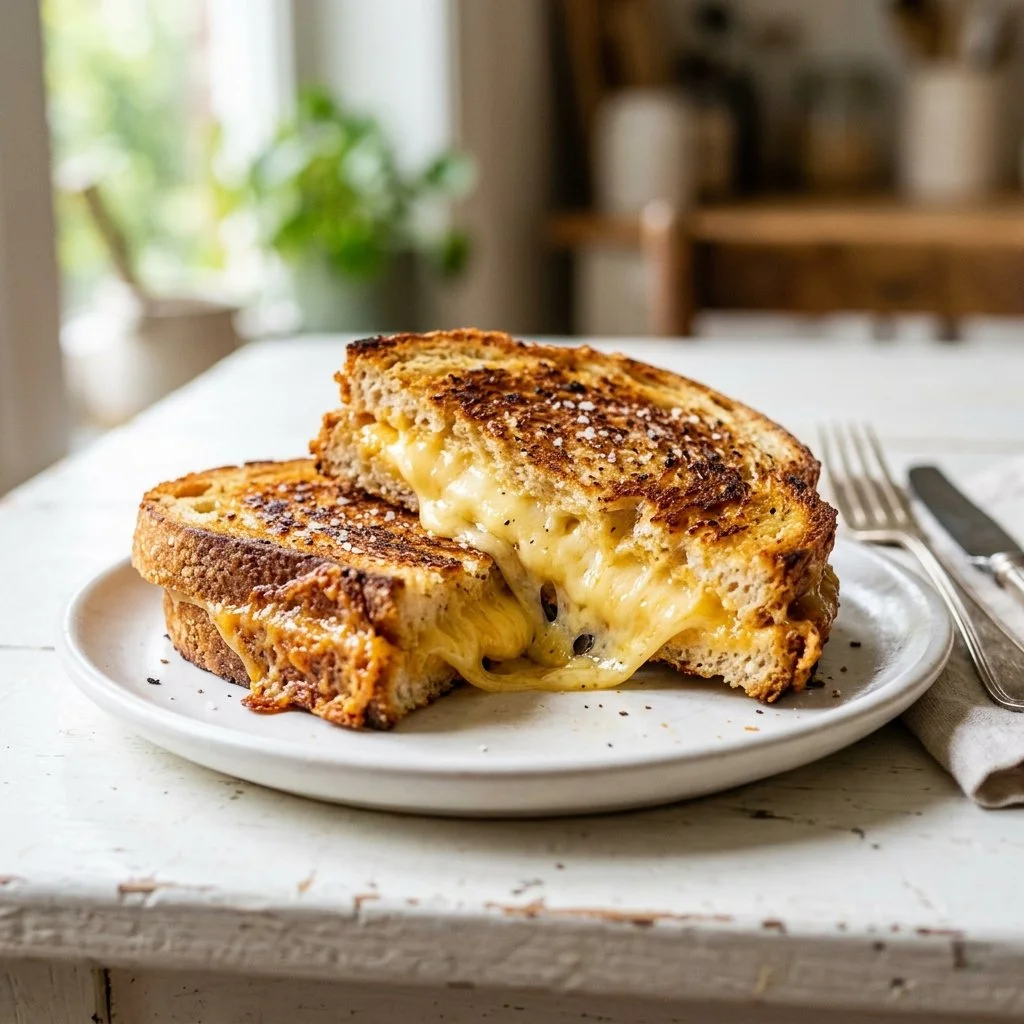 Delicious grilled cheese sandwich with melted cheese and crispy bread