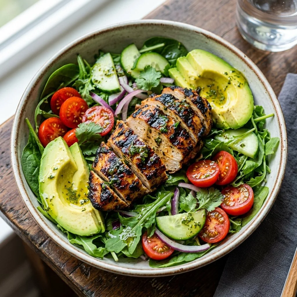 Grilled Chicken Avocado Salad with fresh ingredients