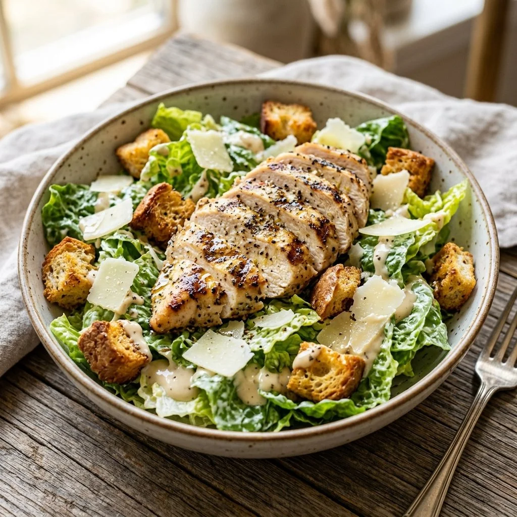 A delicious Grilled Chicken Caesar Salad topped with croutons and parmesan cheese.