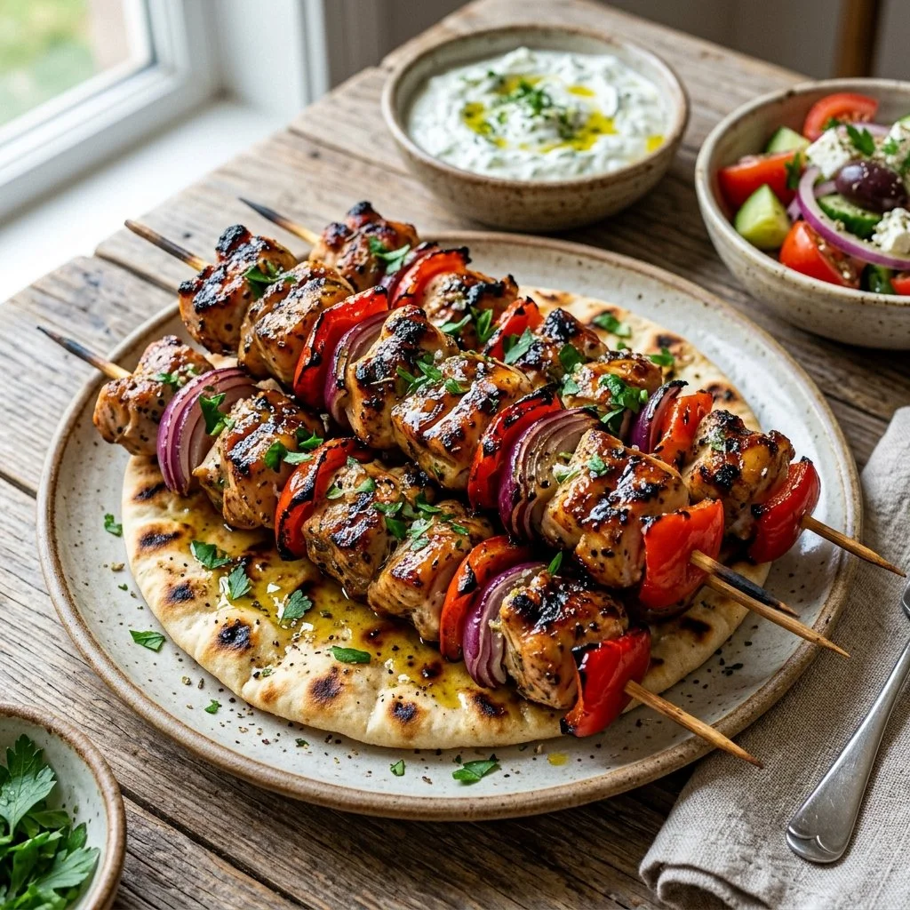 Delicious grilled chicken souvlaki skewers served with tzatziki sauce.
