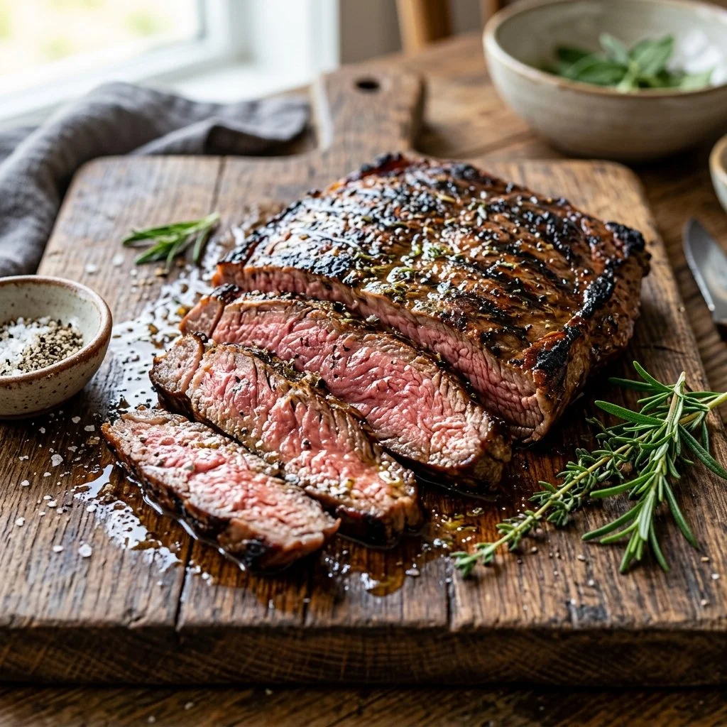 Juicy grilled flank steak served with fresh herbs and side dishes