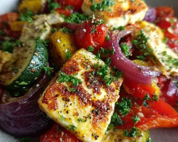 Delicious grilled halloumi served with a variety of roasted vegetables