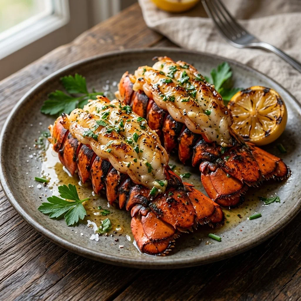 Deliciously grilled lobster tails served with butter and herbs.