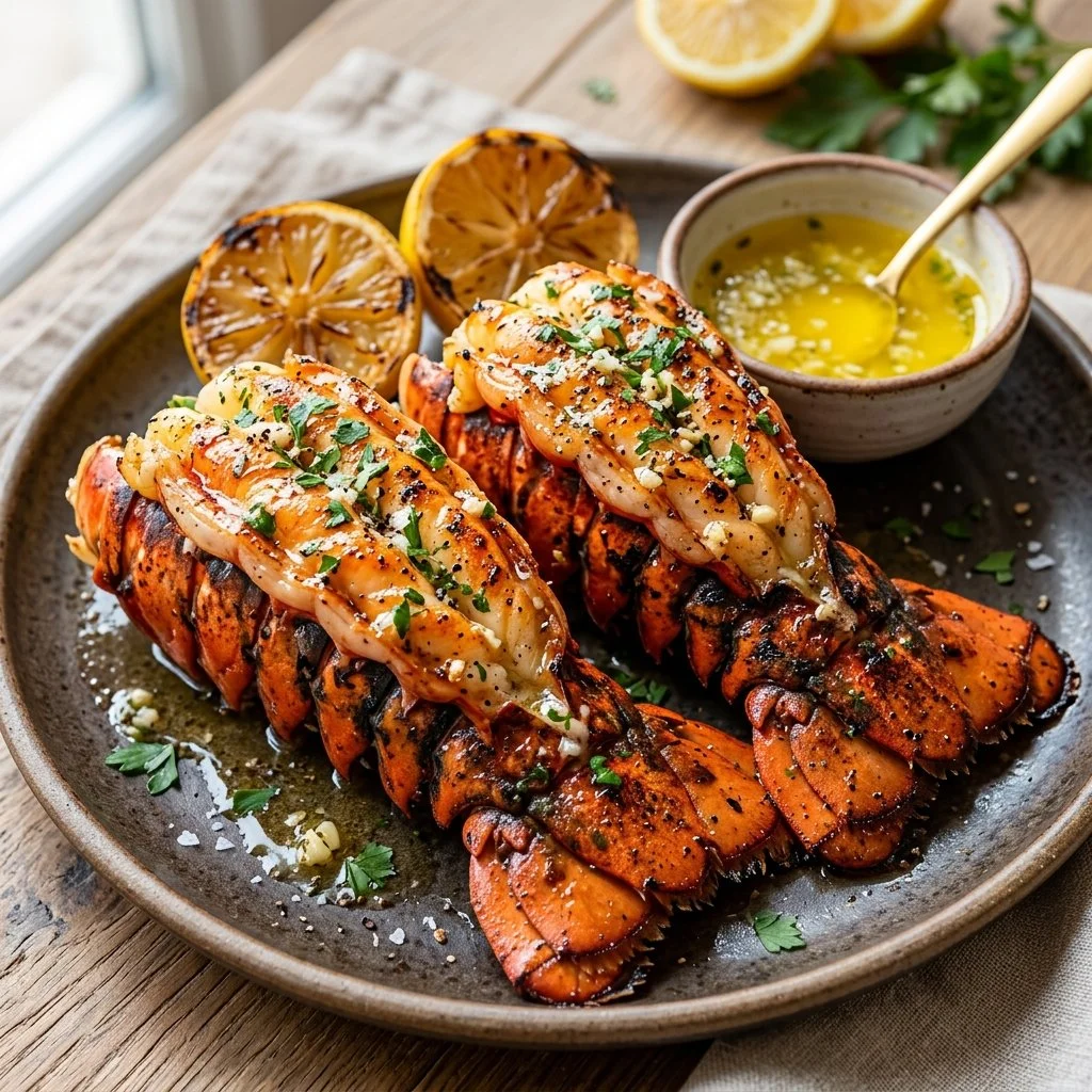 Delicious grilled lobster tails with butter on a plate