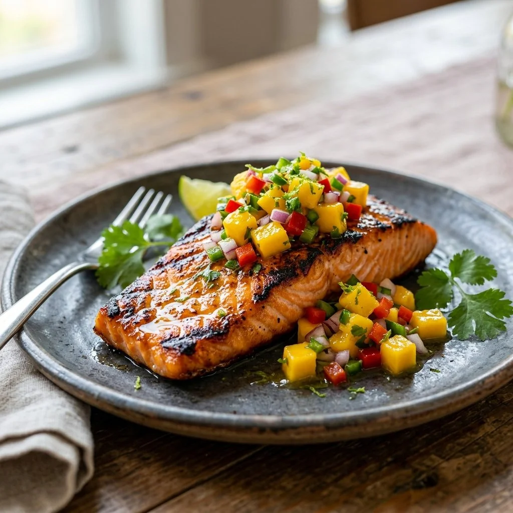 Grilled salmon fillet served with vibrant mango salsa