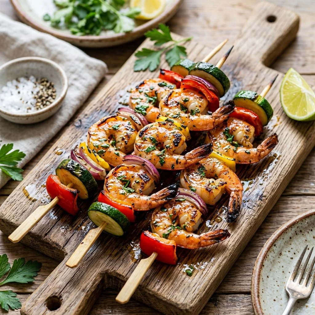 Flavorful grilled shrimp skewers served on a wooden platter.
