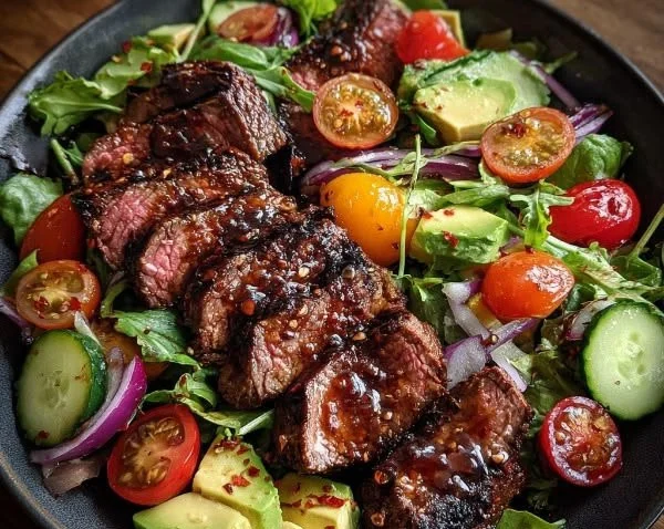 Delicious grilled steak salad with fresh greens and vegetables