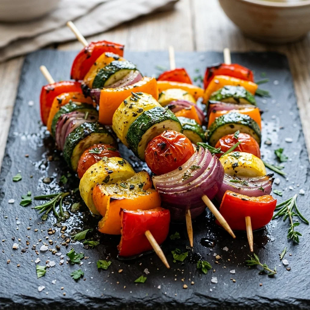 Colorful grilled vegetable kabobs with bell peppers, zucchini, and cherry tomatoes