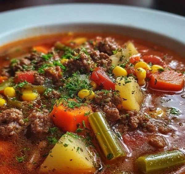 Delicious ground beef vegetable soup served in a white bowl with fresh herbs.
