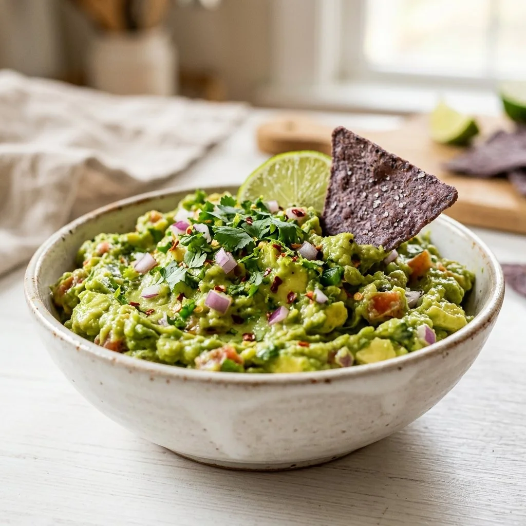 Fresh guacamole served with tortilla chips and garnished with cilantro.