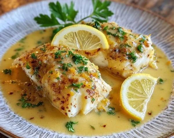 Plated Halibut with Lemon Beurre Blanc sauce garnished with herbs