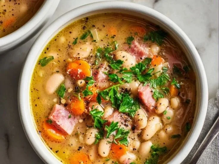 Delicious bowl of homemade ham and bean soup garnished with herbs