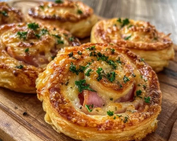 Freshly baked ham and cheese puff pastry swirls on a wooden platter