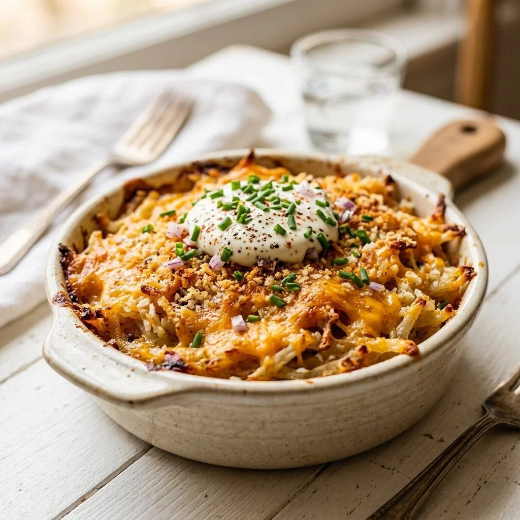 Delicious hash brown casserole fresh out of the oven, topped with cheese and herbs.