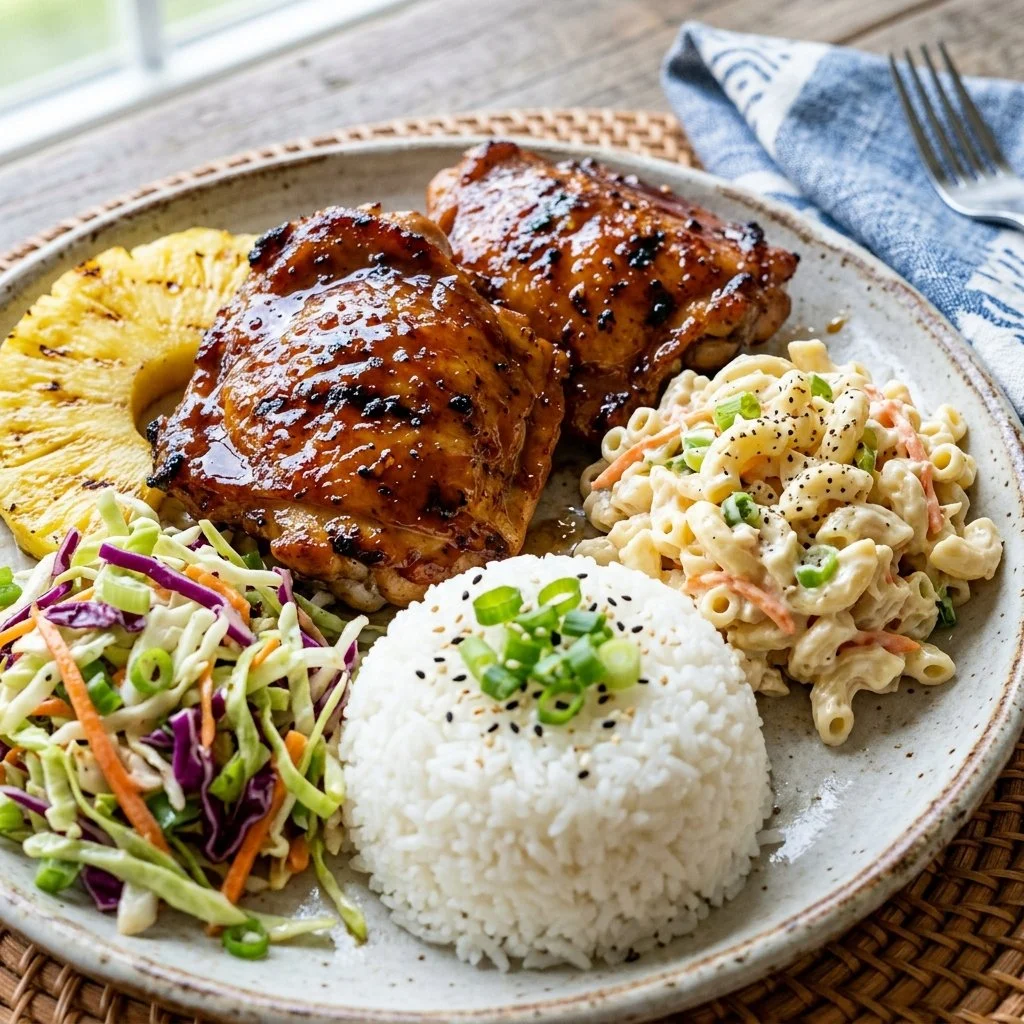 Grilled Hawaiian BBQ Chicken garnished with pineapple and herbs