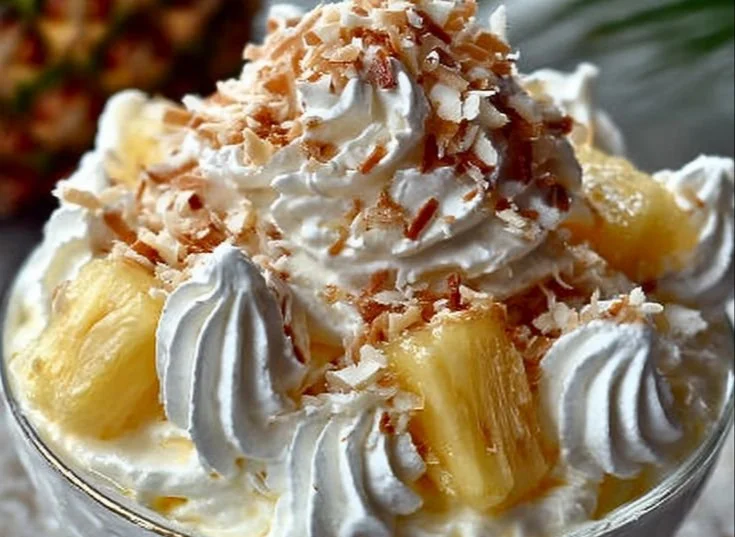 Delicious Hawaiian Pineapple Coconut Fluff dessert in a bowl