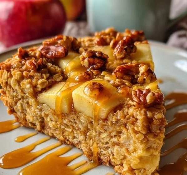Healthy Apple Oatmeal Bake with fresh apples and oats in a baking dish