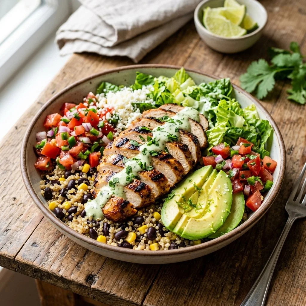 Healthy chicken burrito bowl with fresh ingredients and vibrant toppings.