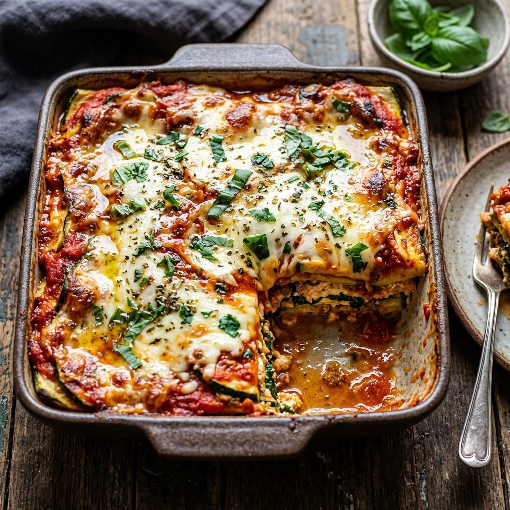 Healthy zucchini lasagna with layers of zucchini, cheese, and marinara sauce