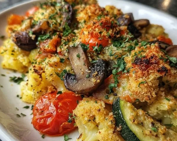 Hearty vegetable casserole filled with fresh vegetables and melted cheese.