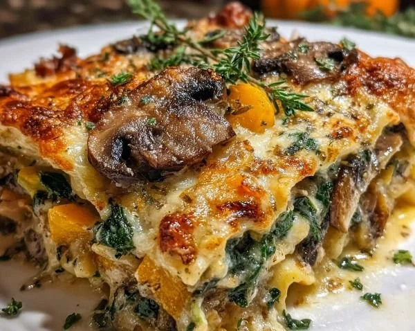 Plate of hidden veggie lasagna with butternut squash, spinach, and mushrooms
